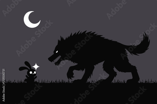 dramatic silhouette vector of menacing wolf stalking frightened bunny under crescent moon in night forest scene