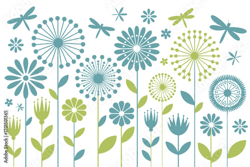 abstract botanical vector with geometric flowers and dragonflies in green teal perfect for backgrounds