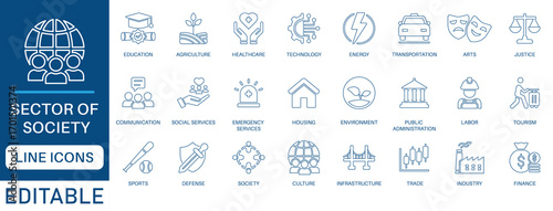 Sector of society icon set. Containing agriculture, education, healthcare, energy, technology, transportation, arts, justice and more. perfect line icon collection.