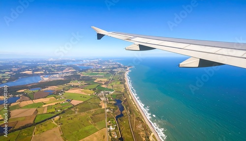 Aerial view of coastline under blue sky, seen from plane window with wing