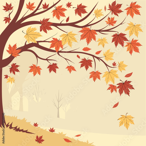 Autumn tree branches with falling red and yellow maple leaves in a soft hazy forest background