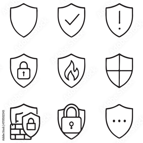 line art Shield icon. Featuring protection, guard, safety, security, firewall, safe, defense vector