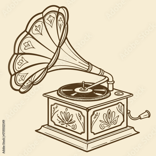 Vintage gramophone with ornate horn and decorative box playing music on a light background