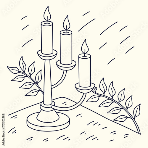 Elegant three lit candles in a decorative candelabra adorned with delicate leafy branches on a table