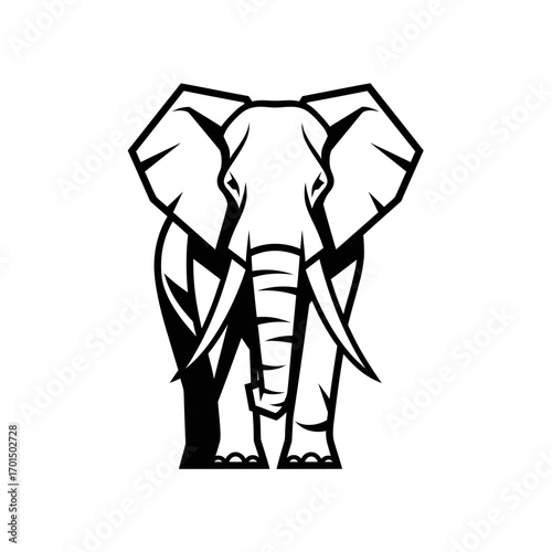 Bold and geometric elephant mascot facing forward with large tusks. A powerful black and white vector illustration perfect for a logo or brand