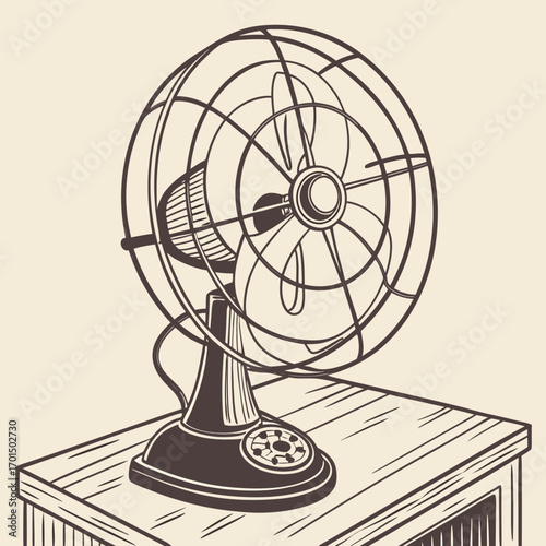 Vintage desk fan illustration with a retro design sitting on a wooden table against a plain background