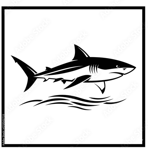 Black and white vector illustration of a powerful shark swimming over stylized ocean waves, a dynamic marine predator symbol