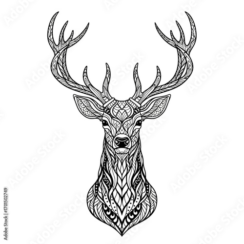 Intricately detailed deer head illustration with ornamental zentangle patterns. Hand-drawn majestic stag with large antlers