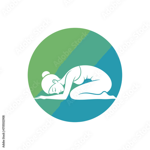 Minimalist vector illustration of a woman in a relaxing child's pose, an emblem of zen, balance, and mindful living for wellness concepts