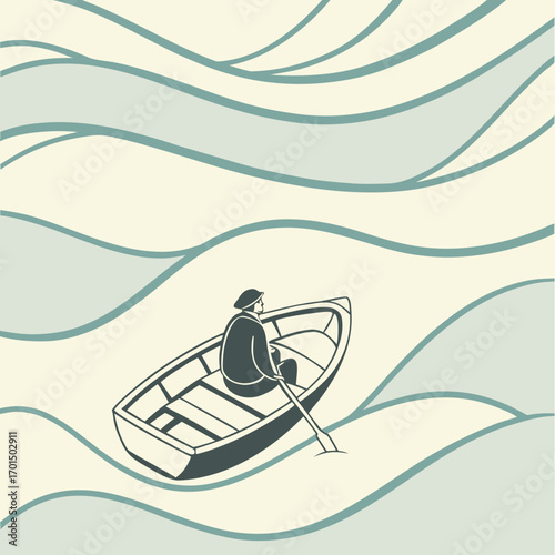 A solitary figure in a rowboat navigates the gentle stylized waves of a calm sea under a muted sky