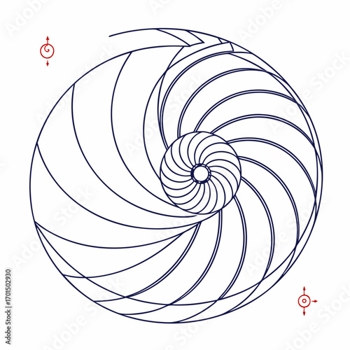 Abstract geometric spiral pattern resembling a nautilus shell with radiating lines and subtle directional indicators
