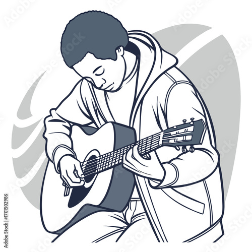 Young african american boy with afro hairstyle playing acoustic guitar with closed eyes in a hoodie and jeans