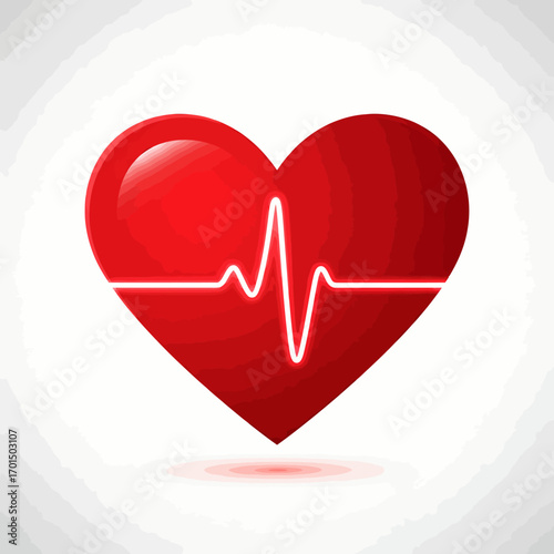 Vibrant red heart with a glowing electrocardiogram pulse line, a vector icon symbolizing medical care, cardiology, and life. Modern health and wellness graphic