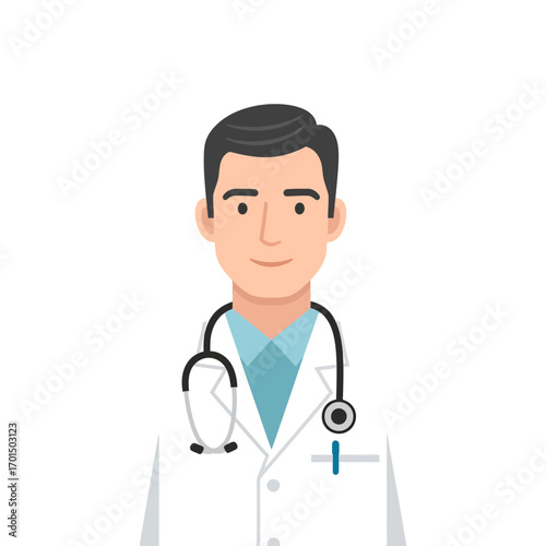 Friendly male doctor with a stethoscope, character avatar portrait. Vector illustration of a medical professional in a white lab coat