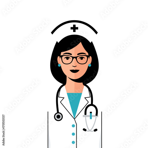 Friendly female doctor or nurse avatar with a stethoscope and glasses. Professional medical staff character icon in a flat design vector illustration