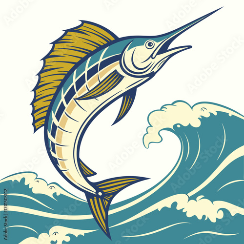 Majestic blue marlin leaping from ocean waves in a stylized graphic illustration with a vintage feel