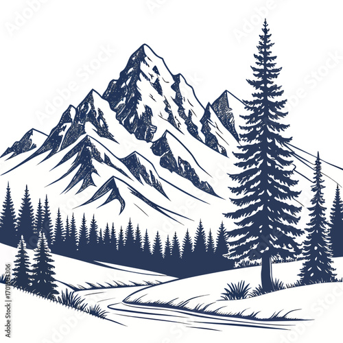 Majestic snow capped mountains rise behind a dense pine forest and a winding path in a serene landscape illustration