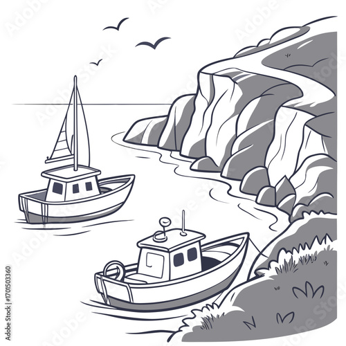 Stylized black and white illustration of two boats sailing near a rocky coastline with seagulls flying overhead