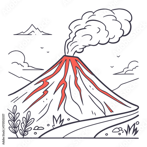 Stylized illustration of a volcano erupting with lava flowing down its sides and smoke billowing into the sky
