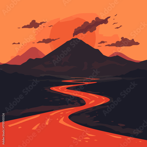 Stylized vector landscape illustrating nature's raw power, showcasing a fiery volcanic eruption and a molten lava river at dusk