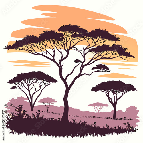 Stylized african savanna landscape with silhouetted acacia trees against a warm orange and yellow sunset sky