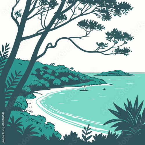 Stylized illustration of a serene tropical bay with lush green foliage framing the turquoise ocean and distant islands