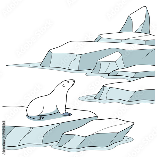 Cute cartoon polar bear sitting on an ice floe surrounded by icy water and glaciers in the arctic