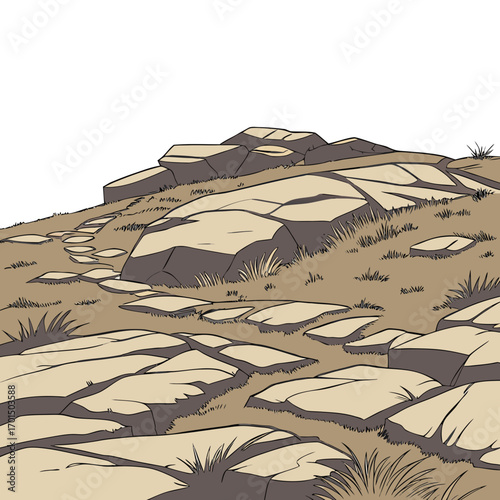 A winding stone path ascends a rocky hill covered in dry grass and scattered boulders under a white sky