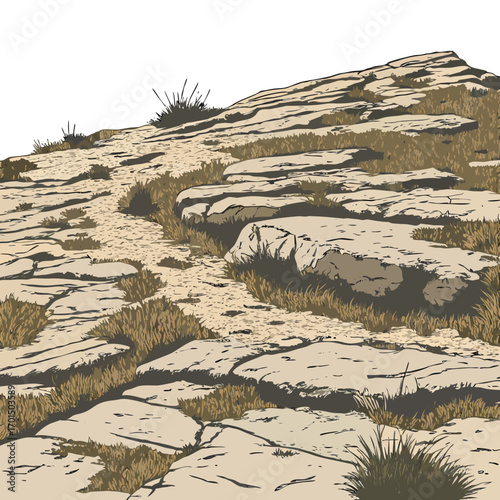 A winding path ascends a rocky hillside covered in dry grass and sparse vegetation under a bright sky