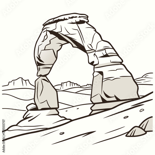 Stylized illustration of delicate arch in arches national park utah with desert landscape and distant mesas
