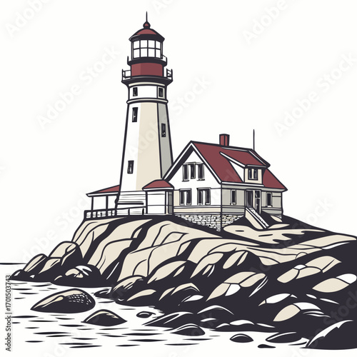 Classic lighthouse and keeper s house perched on rocky shoreline with gentle waves below