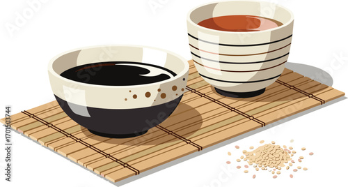 Minimal Vector Soy Sauce Bowl with Wooden Table Elements