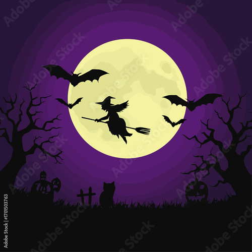 Spooky Halloween night scene featuring a witch silhouette flying on a broomstick in front of a large full moon with bats and jack-o-lanterns