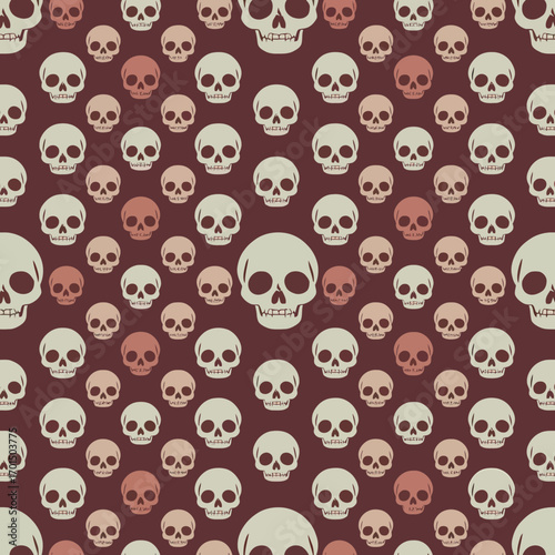 A chilling multitude of repeating cartoon skulls in a seamless graphic pattern, embodying a vintage and macabre aesthetic for backgrounds and textures