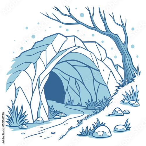 A whimsical cartoon illustration of a snow covered cave entrance nestled within icy rock formations under a winter sky