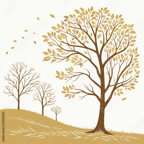 Stylized autumn trees with golden leaves scattered across a gentle hill against a white background