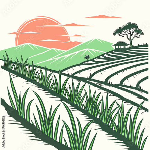 Stylized illustration of lush green rice paddies cascading down hillsides under a warm sunset with a lone tree and hut