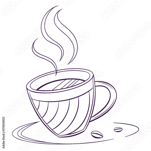 Stylized line art drawing of a steaming cup of coffee with coffee beans on a saucer