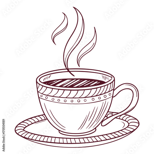 Hand drawn sketch of a steaming cup of coffee or tea on a saucer with decorative elements and swirling steam