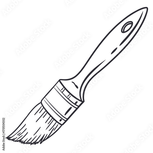 A simple black and white line drawing of a paint brush with bristles and a handle isolated on a white background