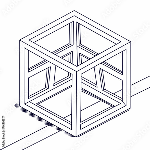 Abstract geometric wireframe cube structure with internal divisions and isometric perspective on a white background
