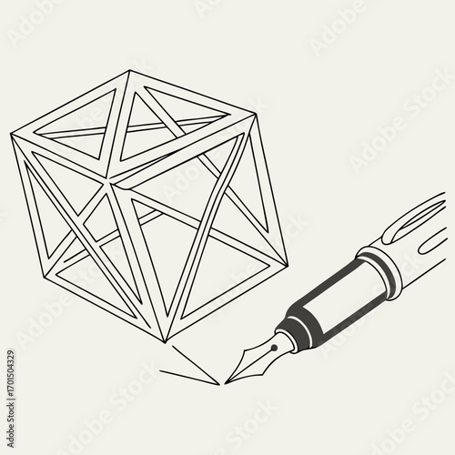 A geometric wireframe cube structure being drawn with a classic fountain pen on a plain background