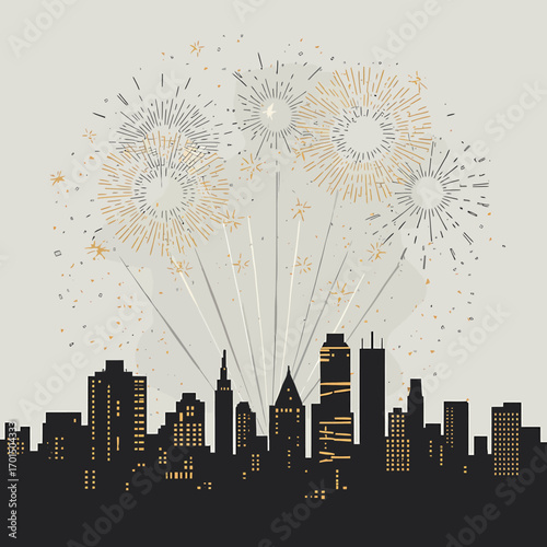A captivating illustration of a grand city skyline at night, aglow with magnificent fireworks, creating a vibrant scene of urban celebration and joyous festivities