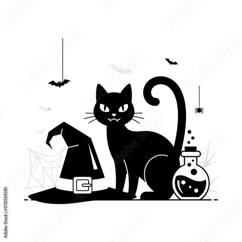 A spooky black cat sitting with a witch's hat and a magic potion, a monochrome vector illustration for the Halloween holiday