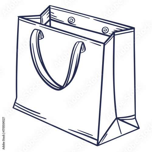 Simple hand drawn outline of a shopping bag with handles and gusseted sides on a white background