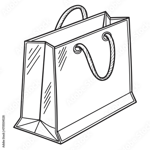 A simple black and white line drawing of a paper shopping bag with rope handles and creased sides