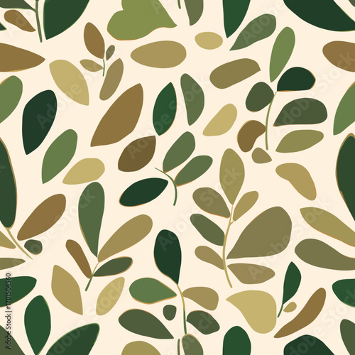 Organic seamless pattern featuring stylized green and brown leaves scattered on a light background, evoking a natural and earthy decorative design for various applications