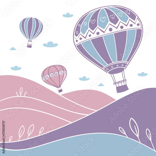 Whimsical hot air balloons floating over rolling pastel hills under a sky with soft clouds