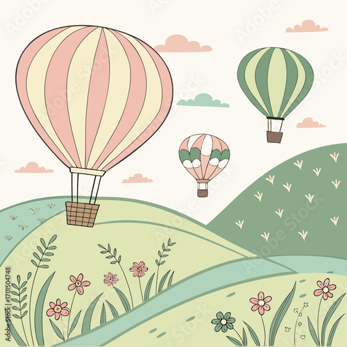 Whimsical pastel hot air balloons float serenely over rolling green hills adorned with wildflowers and fluffy clouds