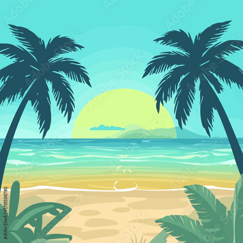 Vector illustration of a scenic tropical beach paradise at sunset with silhouette palm trees over the ocean
